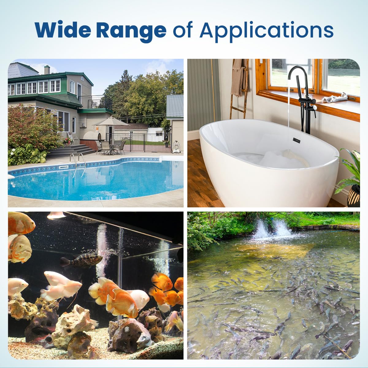 Newentor floating thermometer demonstrated in spa, hot tub, and fish tank setups.
