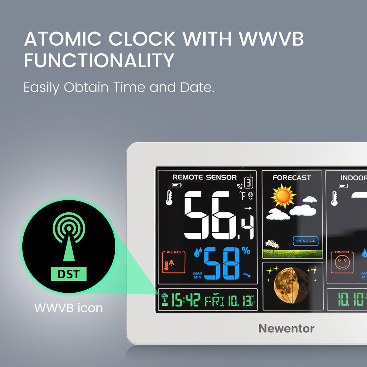 Newentor atomic clock with precise time and dual alarms visible on screen.