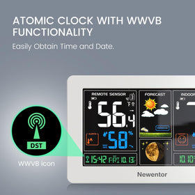 Newentor atomic clock with precise time and dual alarms visible on screen.
