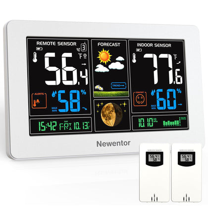 Newentor Weather Station color display showing indoor and outdoor temperatures.