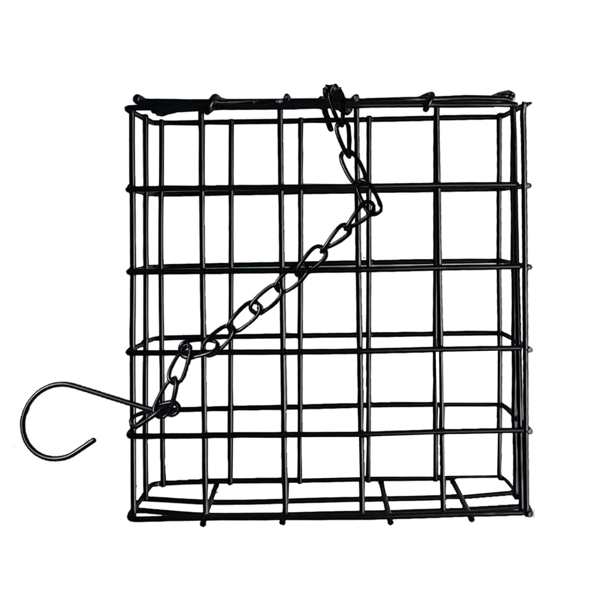 Newhouse Pet Suet Basket front view showing weatherproof feeder attracting woodpeckers