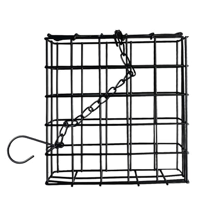 Newhouse Pet Suet Basket front view showing weatherproof feeder attracting woodpeckers