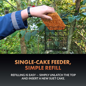 Newhouse Pet Suet Basket hanging on a branch for easy feeding access