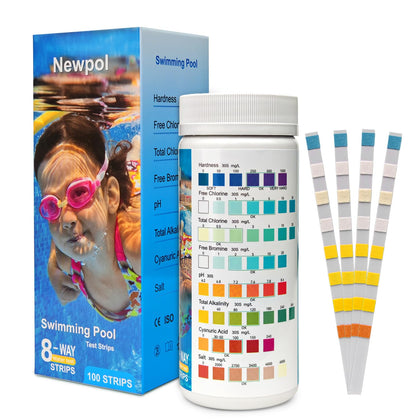 Newpol 8-in-1 pool test strips provide eight metrics for comprehensive water checks.