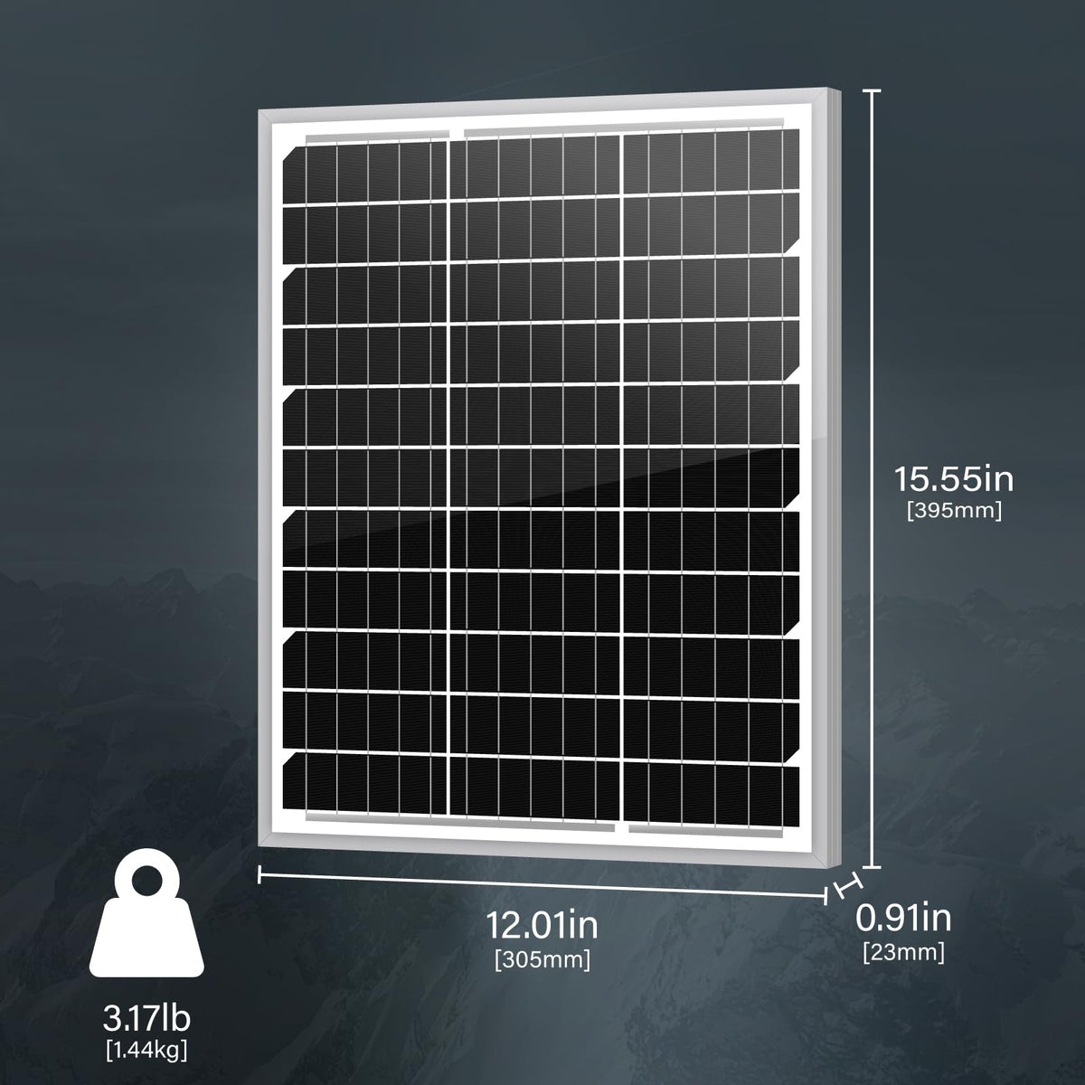 Newpowa 20W 12V panel side view highlighting portable RV charging potential