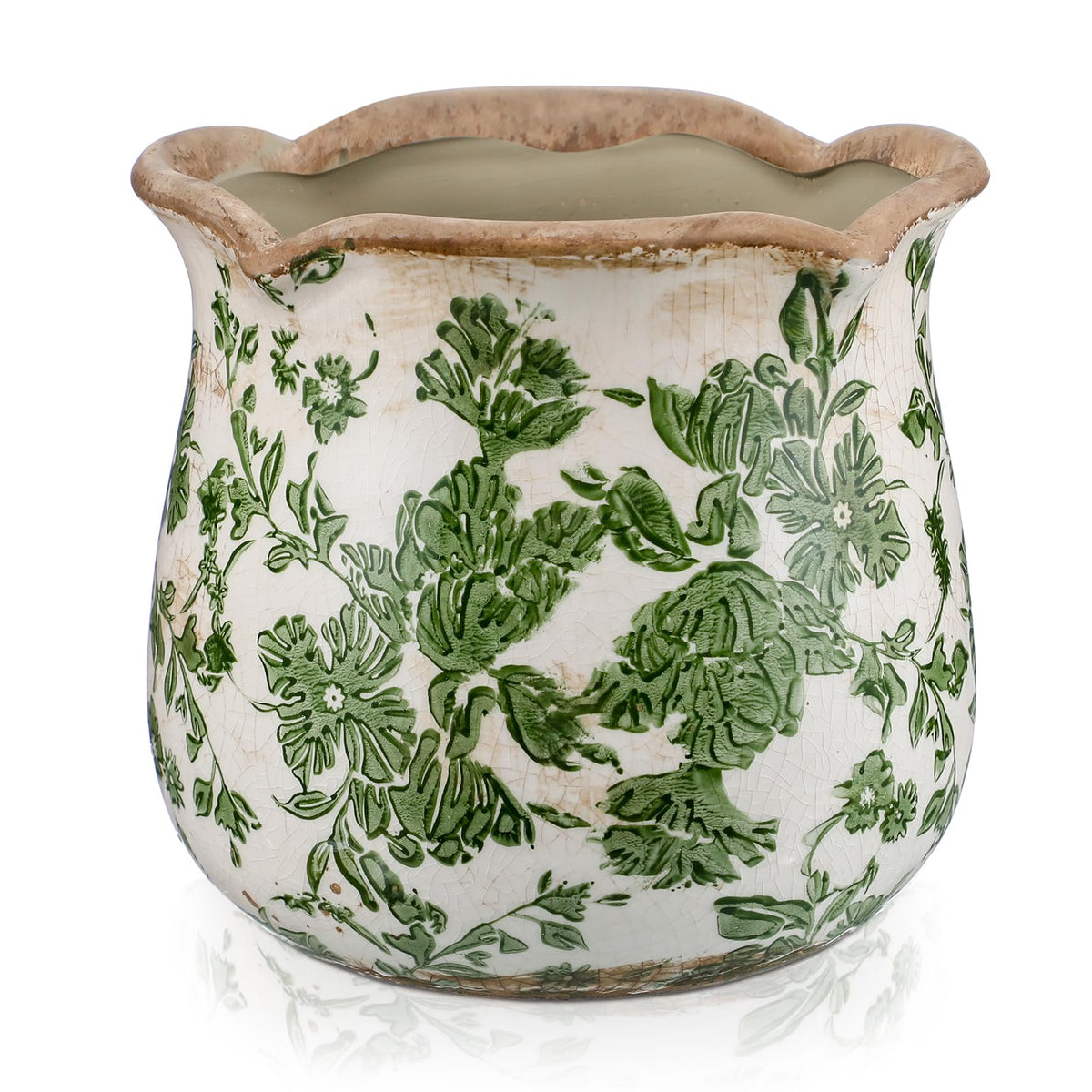 Newtay green scroll planter with crackle glaze for indoor decor.