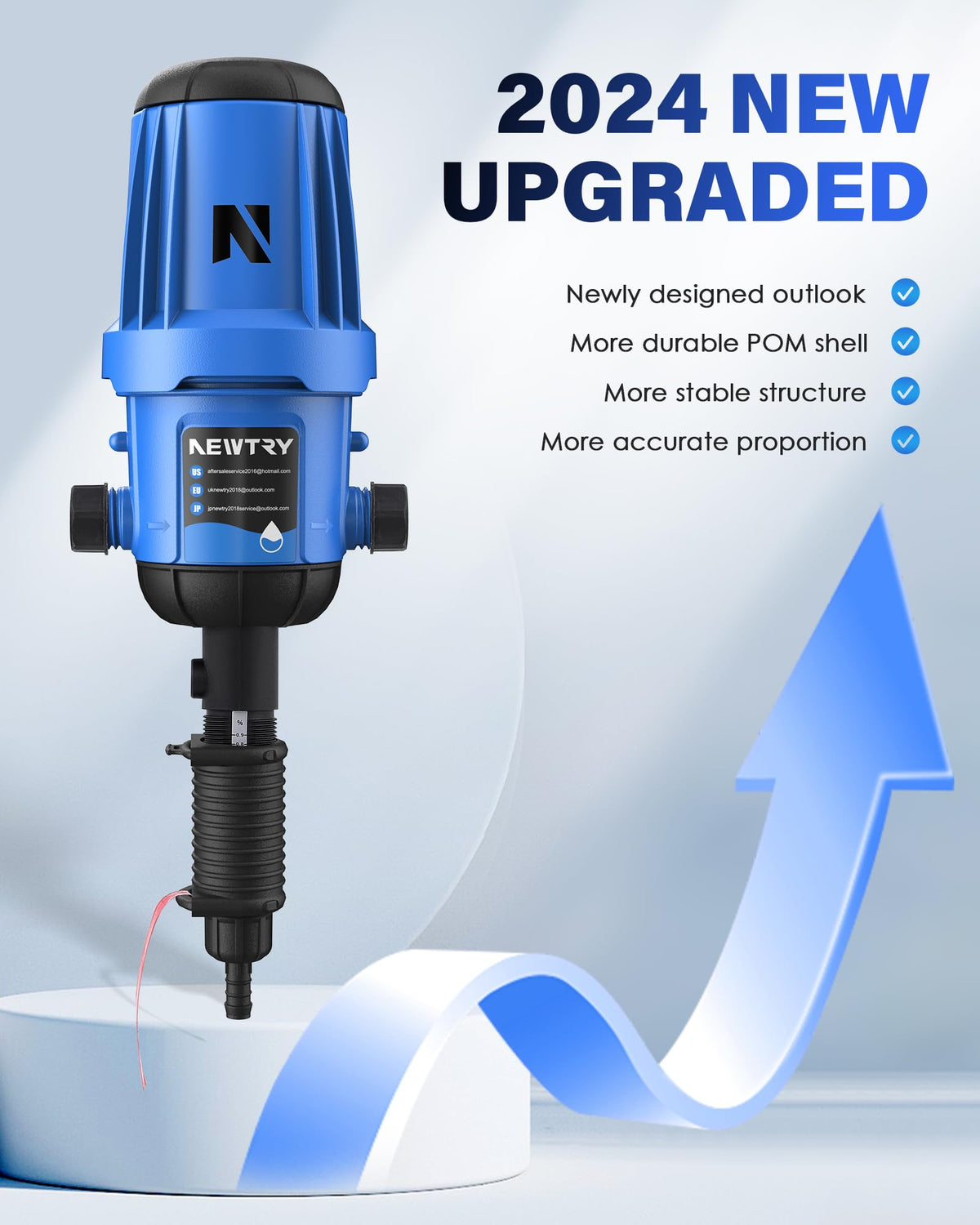 NEWTRY fertilizer injector adjustable dosing shows 0.4%–4% control for irrigation