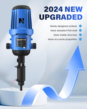 NEWTRY fertilizer injector adjustable dosing shows 0.4%–4% control for irrigation