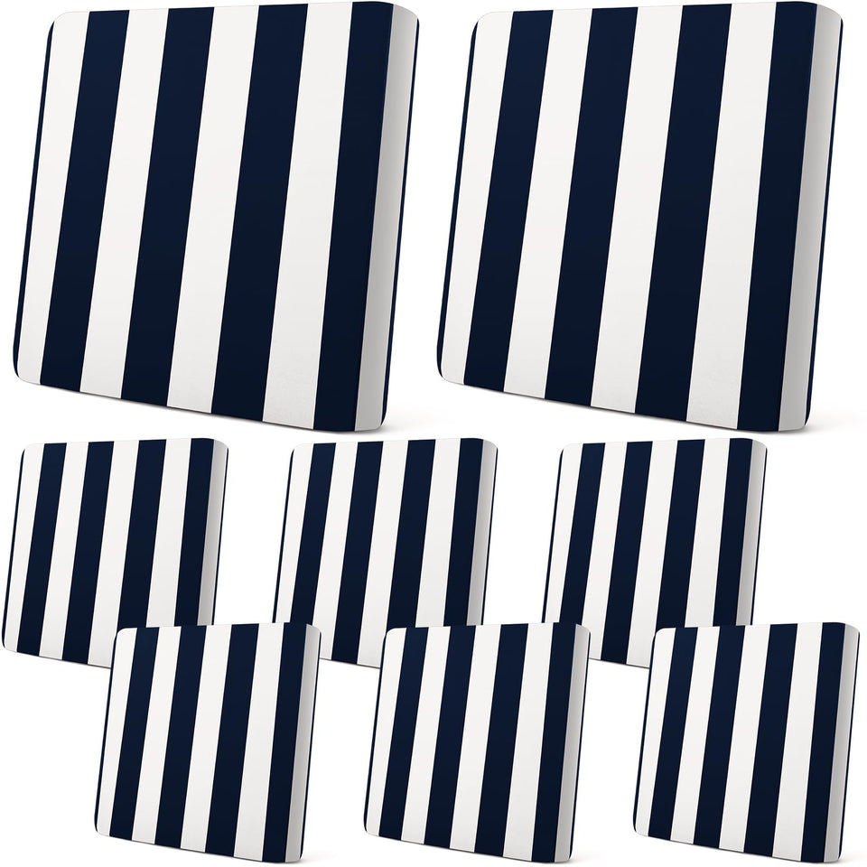 Newwiee 8pc navy stripe cushion covers fit patio cushions securely.
