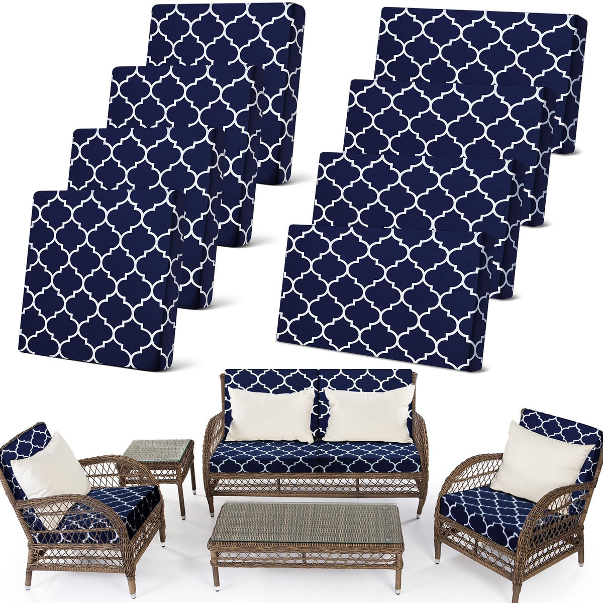 Newwiee 8pcs stretch patio cushion covers navy display snug fit and waterproof protection