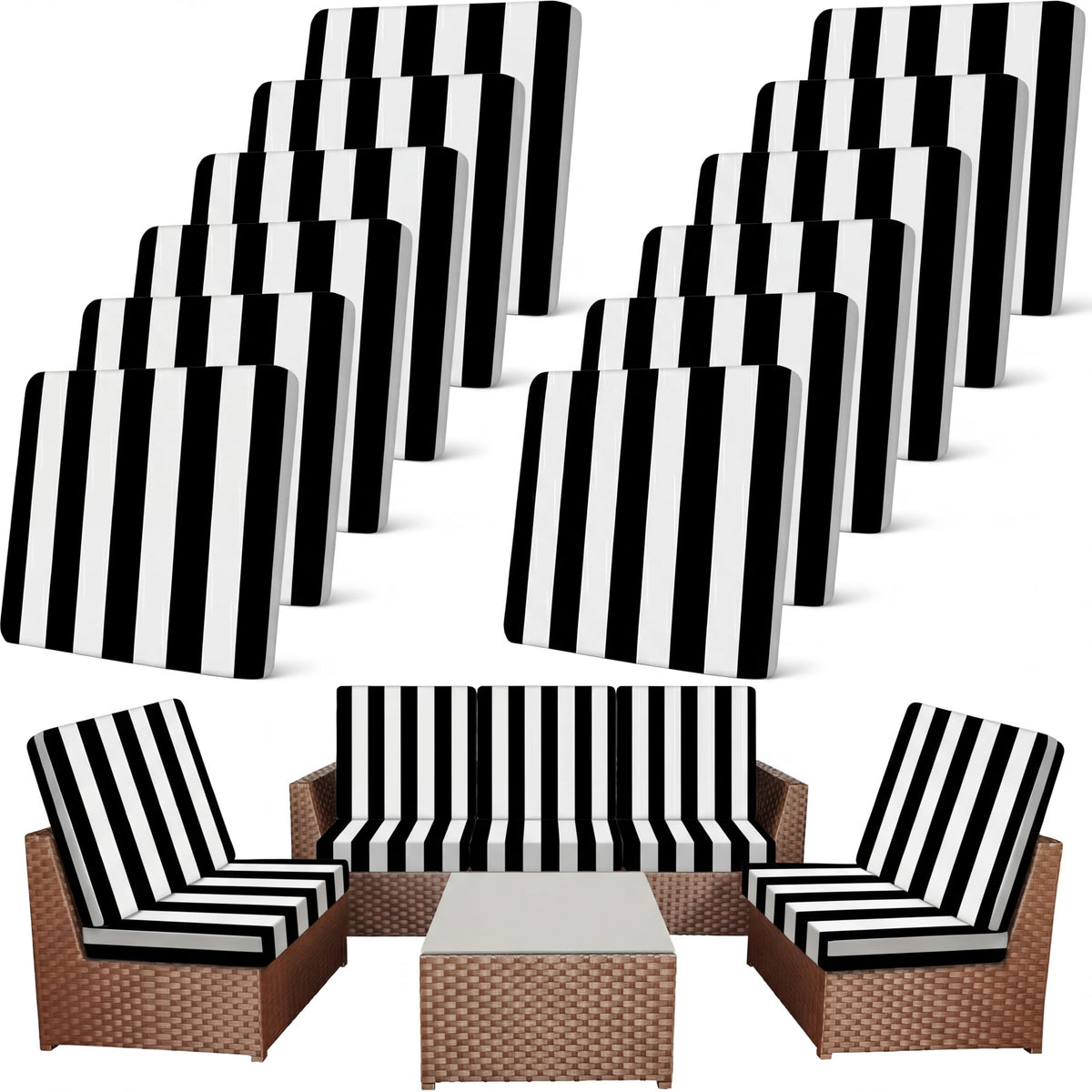 Newwiee patio stretch cushion cover in black-white stripes provides durable outdoor protection.