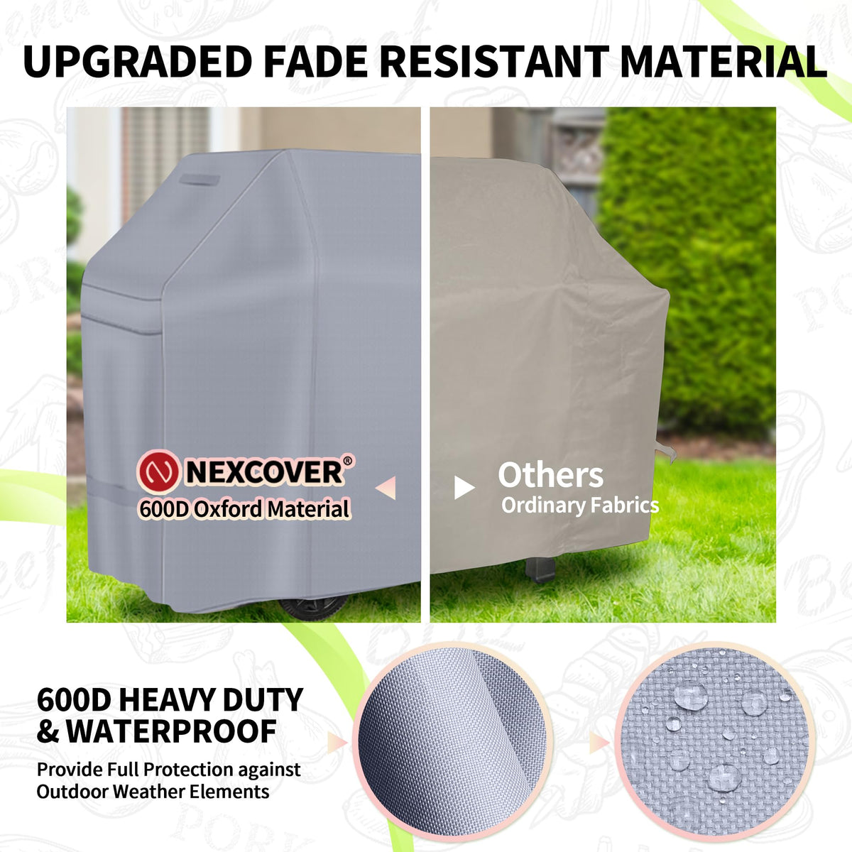 NEXCOVER 60-inch BBQ cover with concealed air vents to reduce moisture buildup.