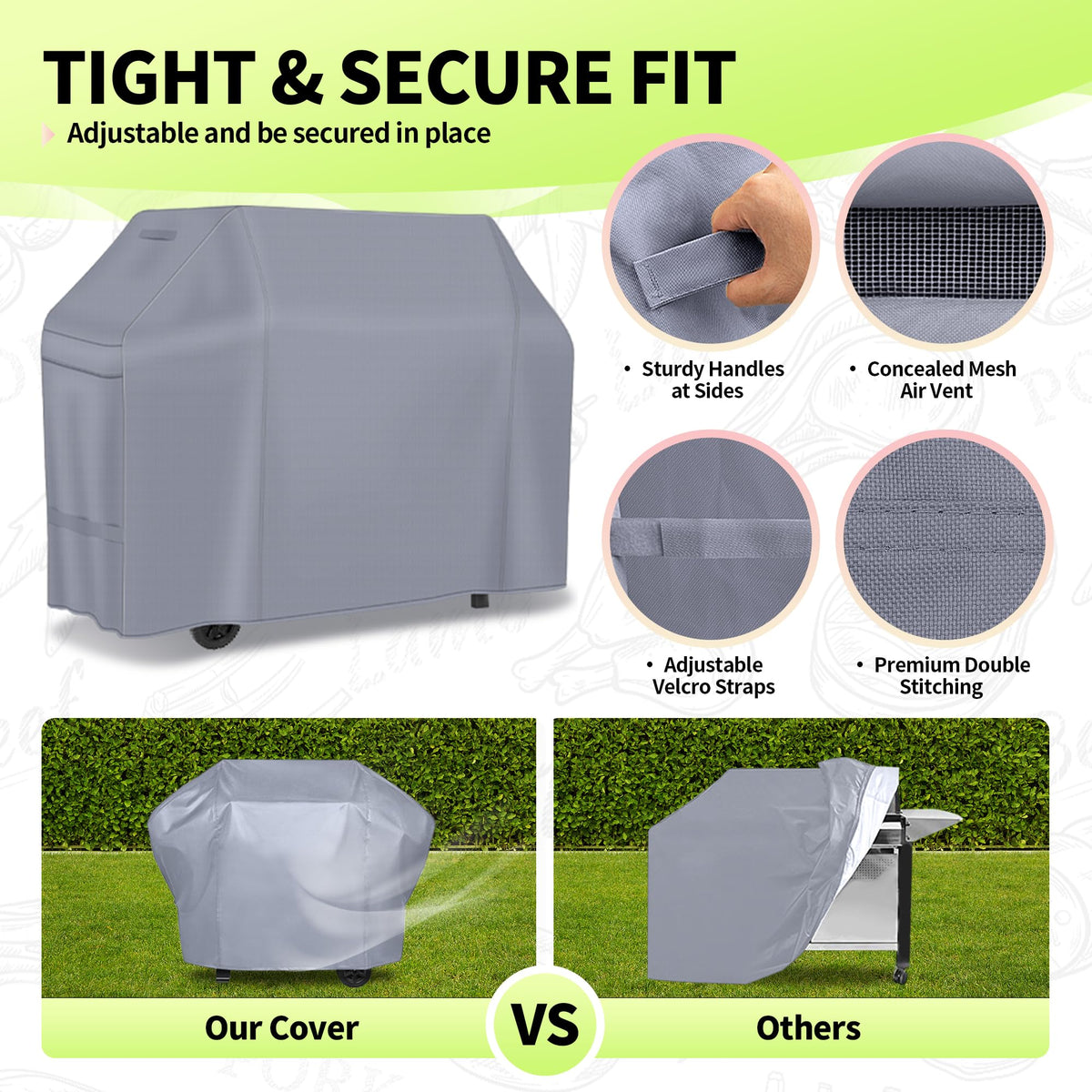 NEXCOVER 60-inch BBQ cover with handles and straps for secure fitting.