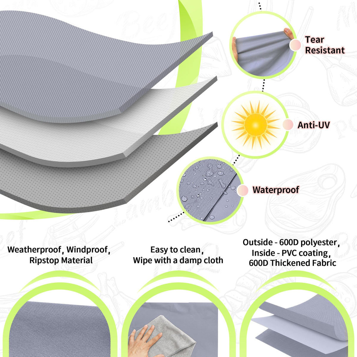 NEXCOVER 60-inch BBQ cover detail highlighting tear-resistance for longevity.