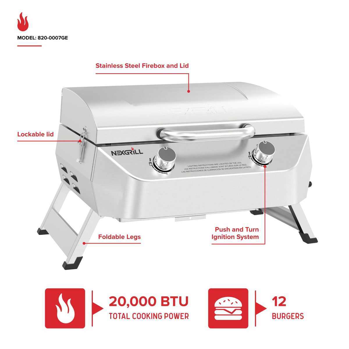 Nexgrill 2-burner table top grill cooking area showing large 251 sq in space