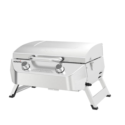 Nexgrill 2-burner stainless tabletop grill front view for portable outdoor meals
