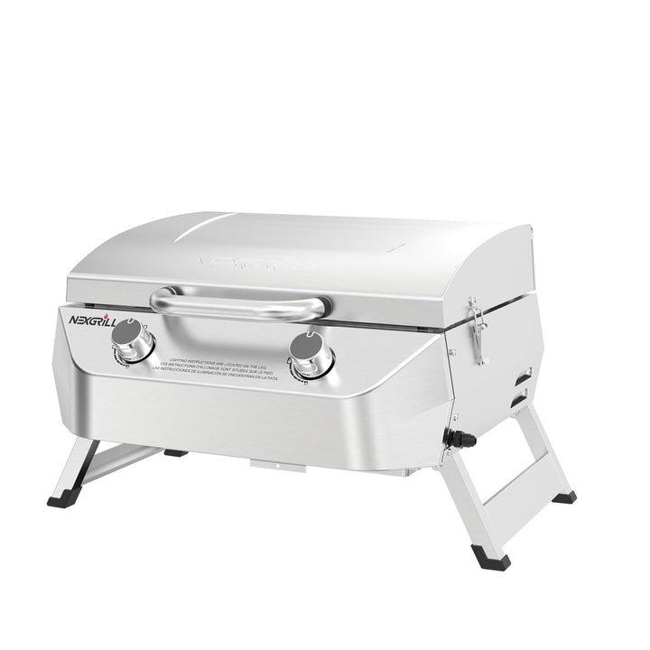 Nexgrill 2-burner stainless tabletop grill front view for portable outdoor meals
