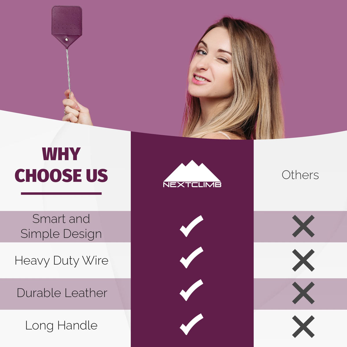 NextClimb premium purple swatter offers reliable swats with a comfortable grip.