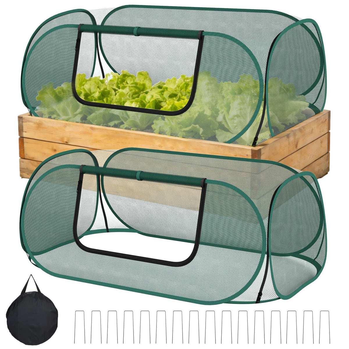 Nexum 2-pack raised bed covers setup protects seedlings from birds.