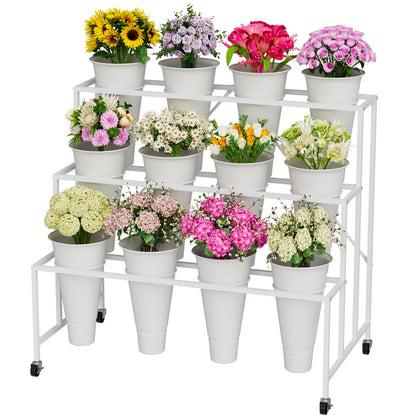 NEYCIL 3-tier flower stand with buckets enables versatile indoor displays and easy water management.