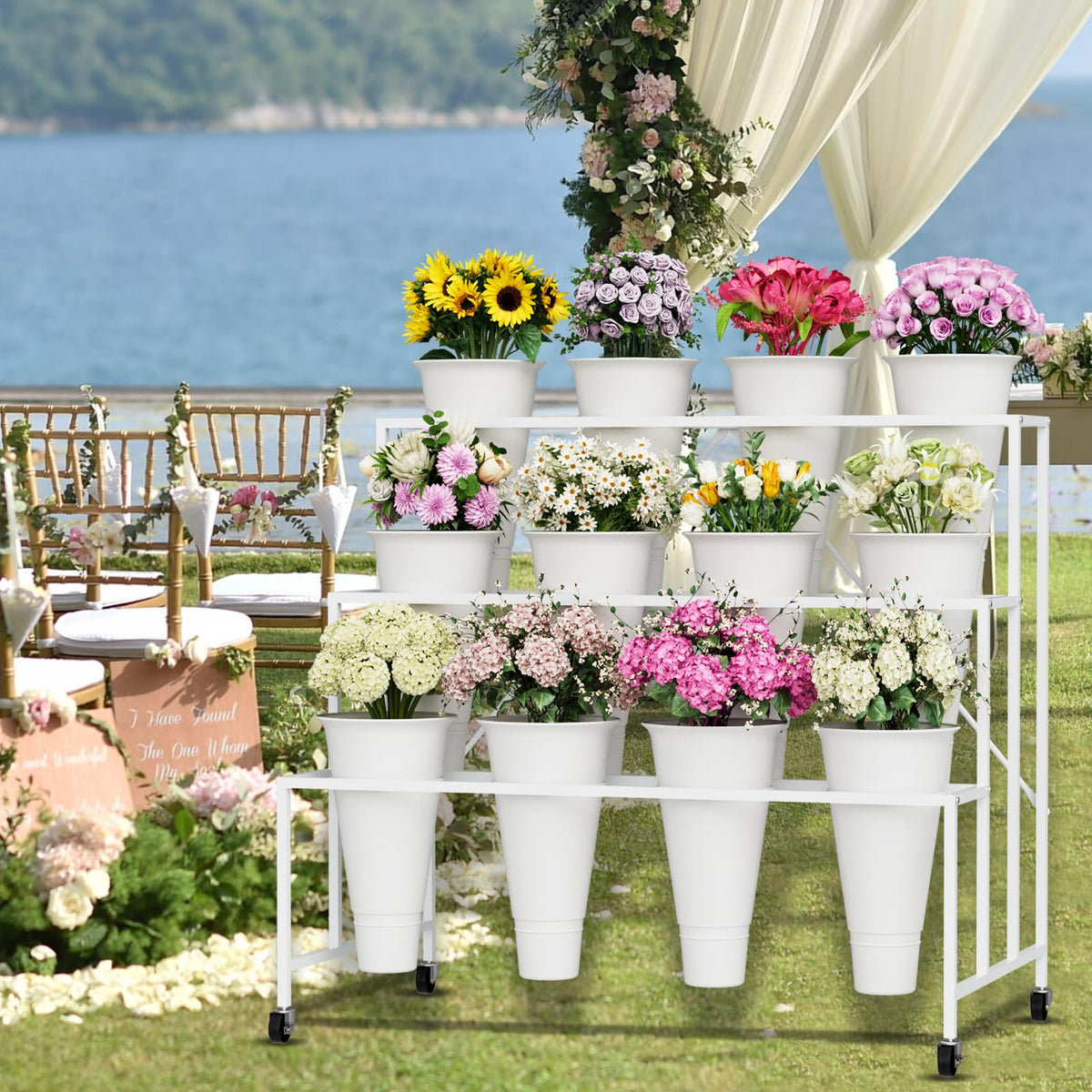 NEYCIL wheeled flower cart allows smooth movement for flexible event layouts.