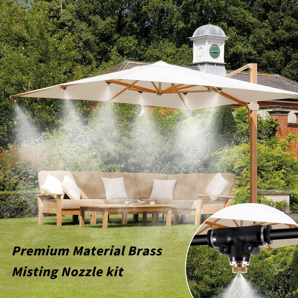 NFAMRZCAR misting on an RV awning for camping comfort
