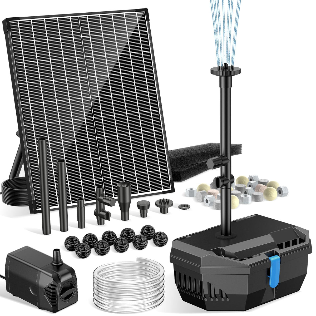 NFESOLAR 20W solar panel powering pond filtration for eco-friendly outdoor water features.