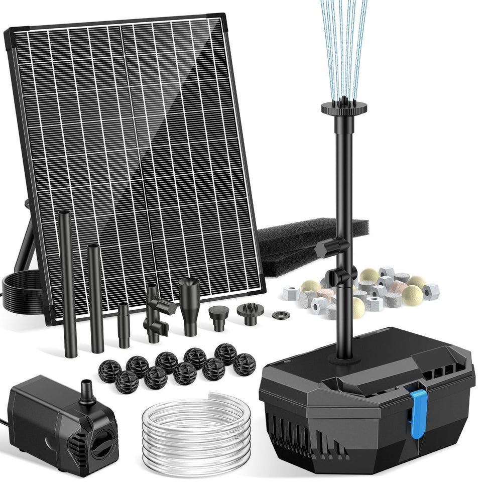 NFESOLAR 20W solar panel powering pond filtration for eco-friendly outdoor water features.
