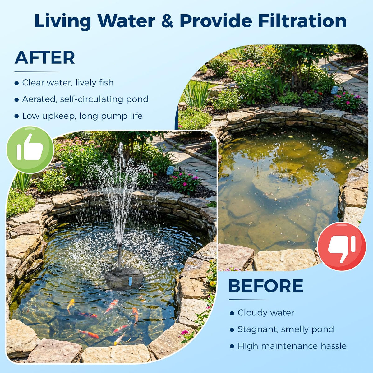 NFESOLAR 3-stage filtration demonstrates debris removal and clearer pond water.