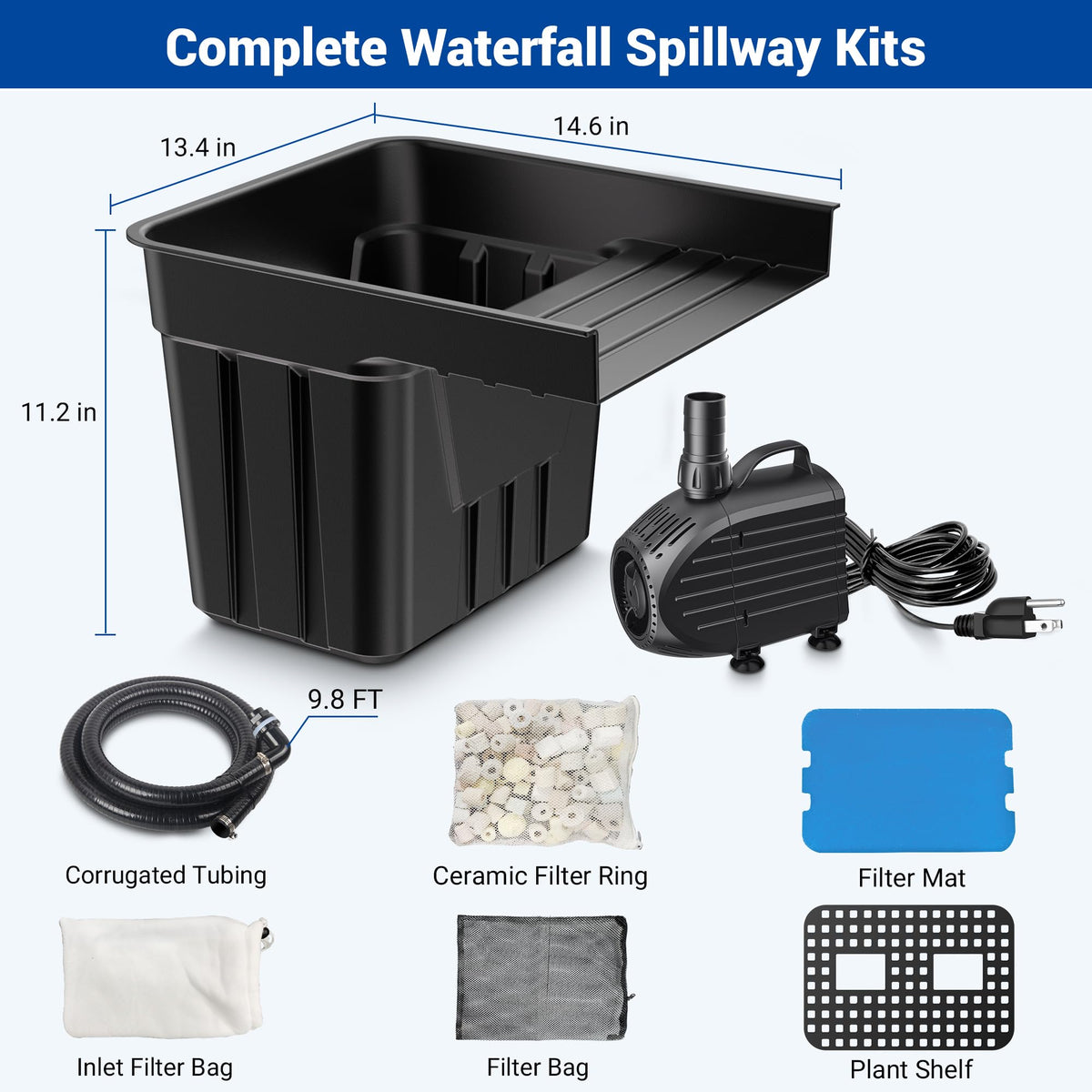 NFESOLAR 8-inch spillway creates broad, gentle cascades and aerated water.