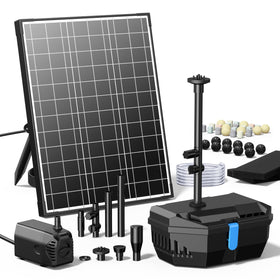 NFESOLAR solar water fountain kit spraying pattern in a sunny pond