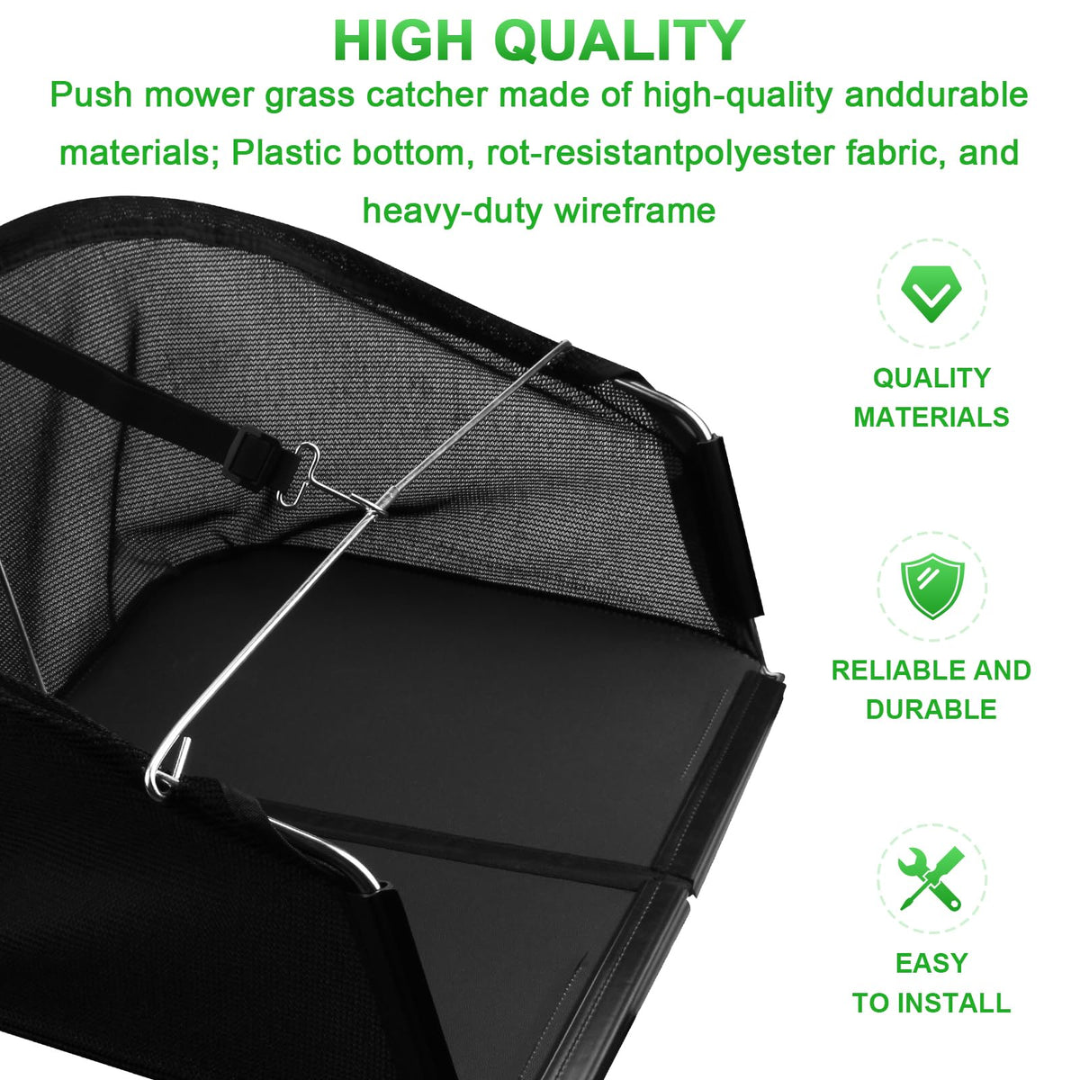 Niahm grass catcher bottom plastic construction highlights a durable base