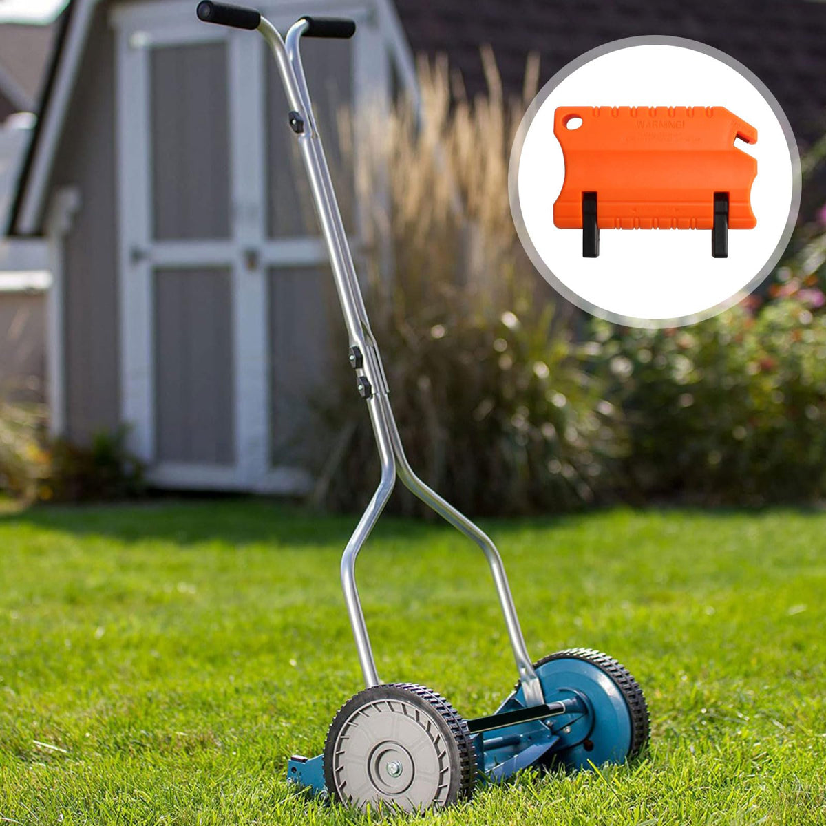 Niahm compact reel mower sharpener orange design for easy storage and use.