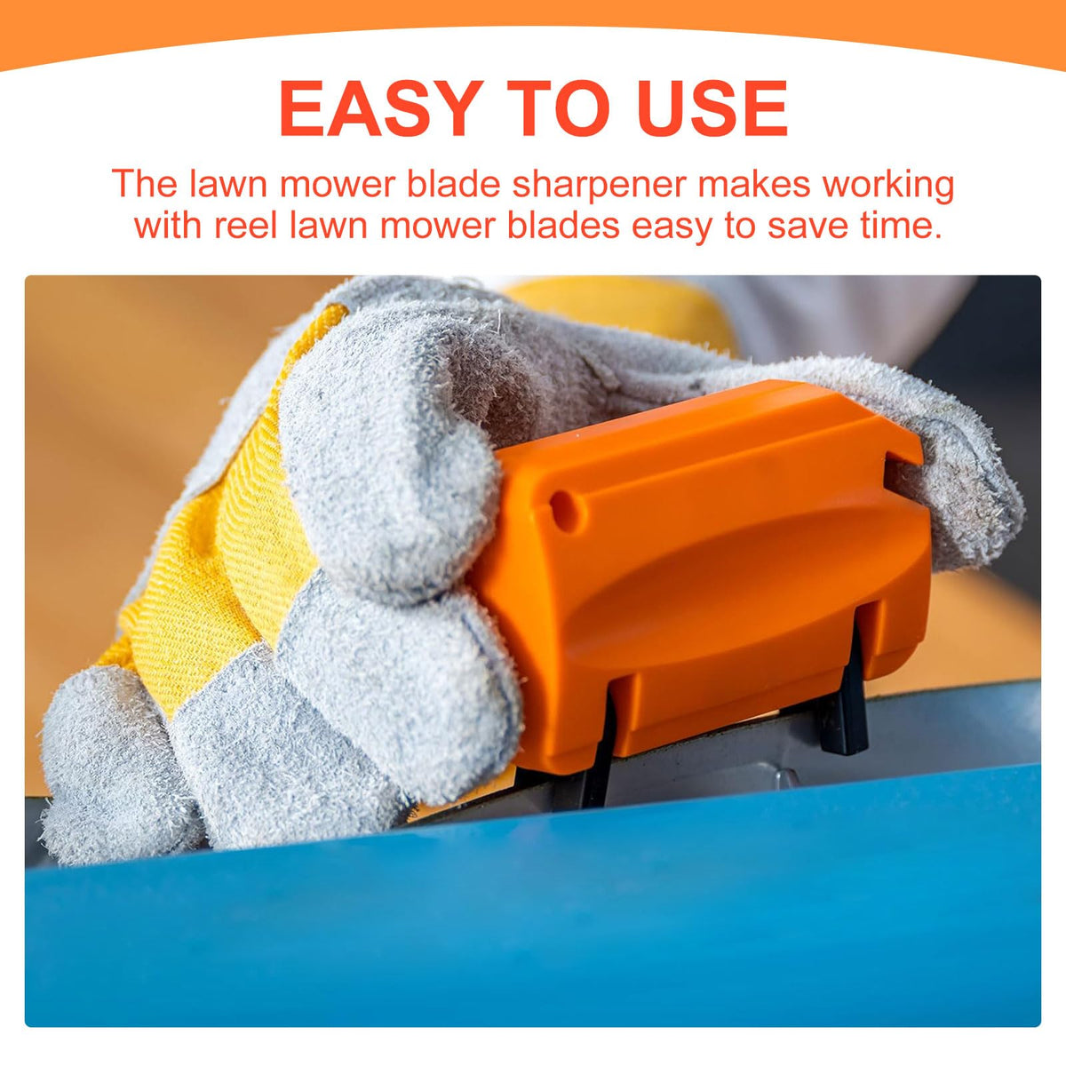 Niahm push mower blade sharpener in orange for at-home edge upkeep.