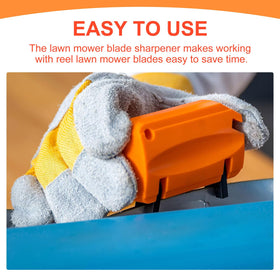 Niahm push mower blade sharpener in orange for at-home edge upkeep.