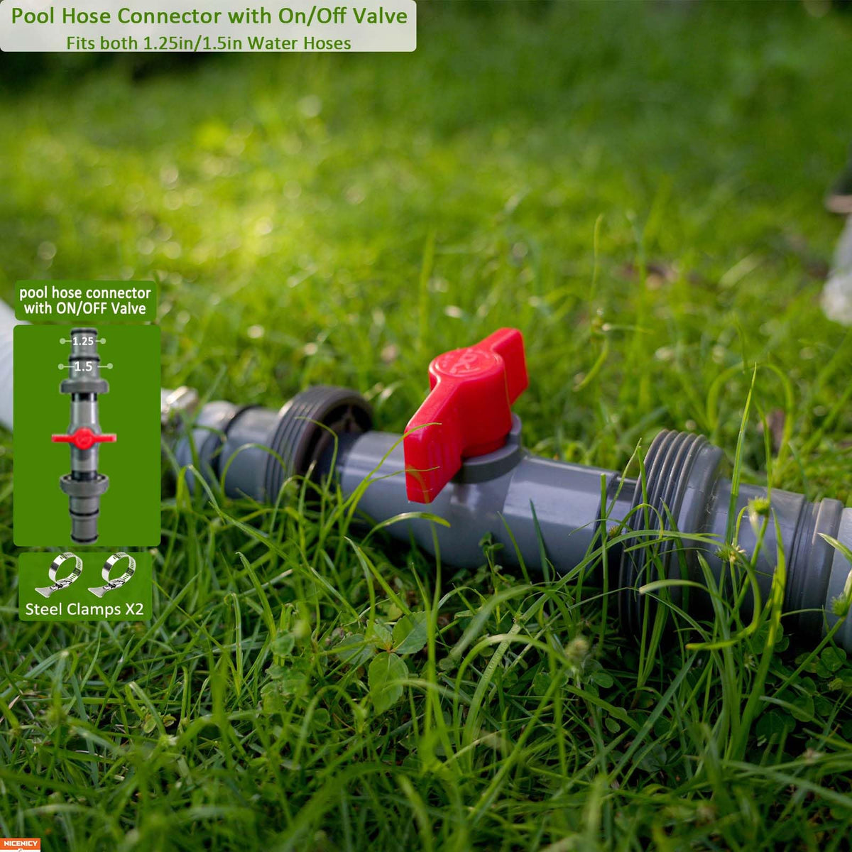NICENICY pool hose connector installed on a hose ready for flow control