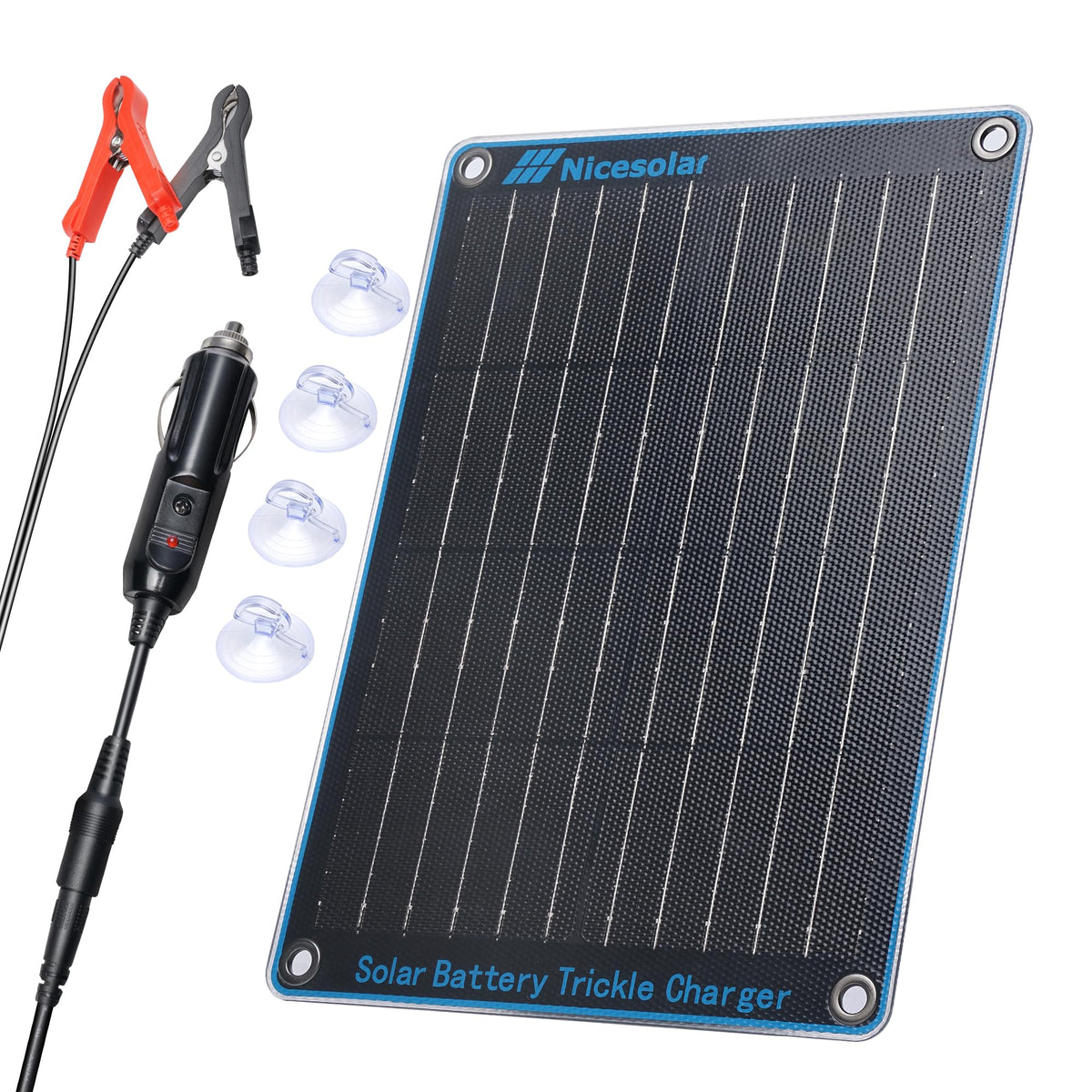 Nicesolar 10W panel mounted on a car roof maintaining a 12V battery from sunlight.