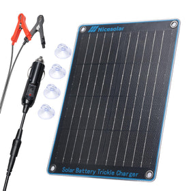 Nicesolar 10W panel mounted on a car roof maintaining a 12V battery from sunlight.