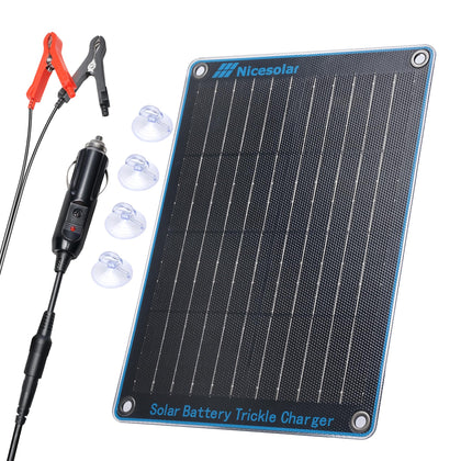 Nicesolar 10W panel mounted on a car roof maintaining a 12V battery from sunlight.