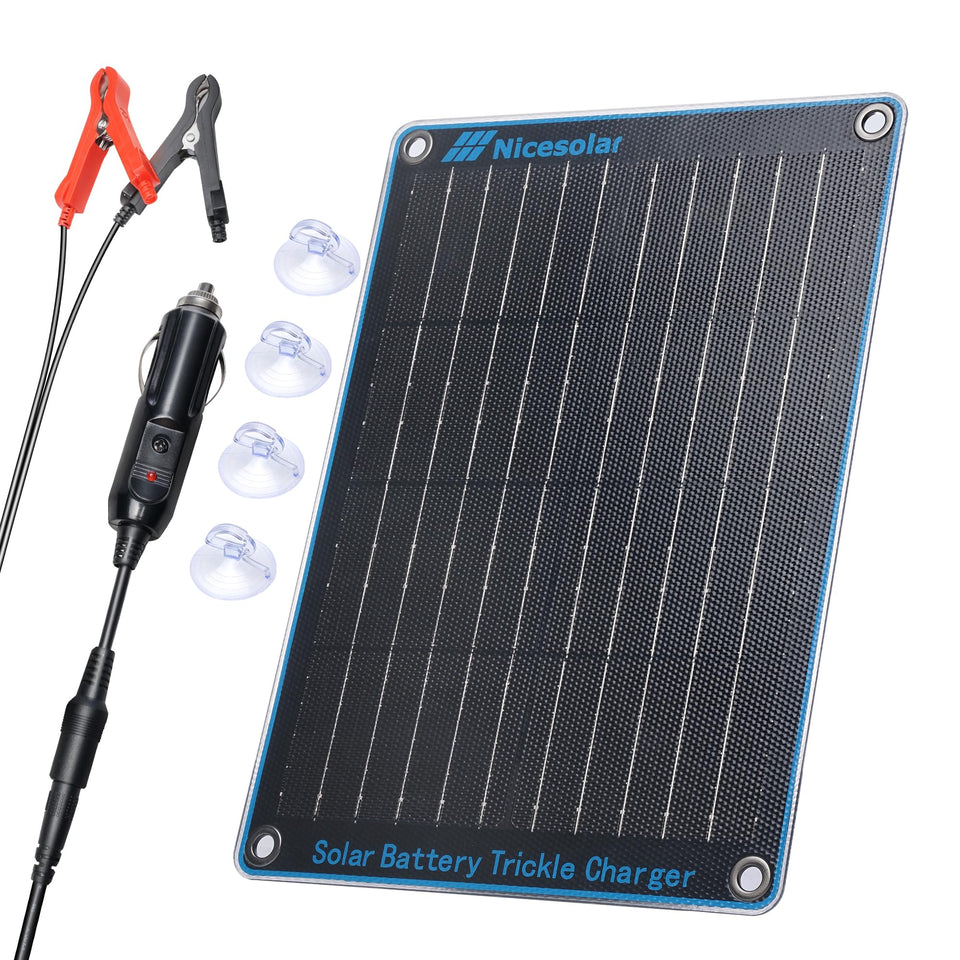 Nicesolar 10W panel mounted on a car roof maintaining a 12V battery from sunlight.