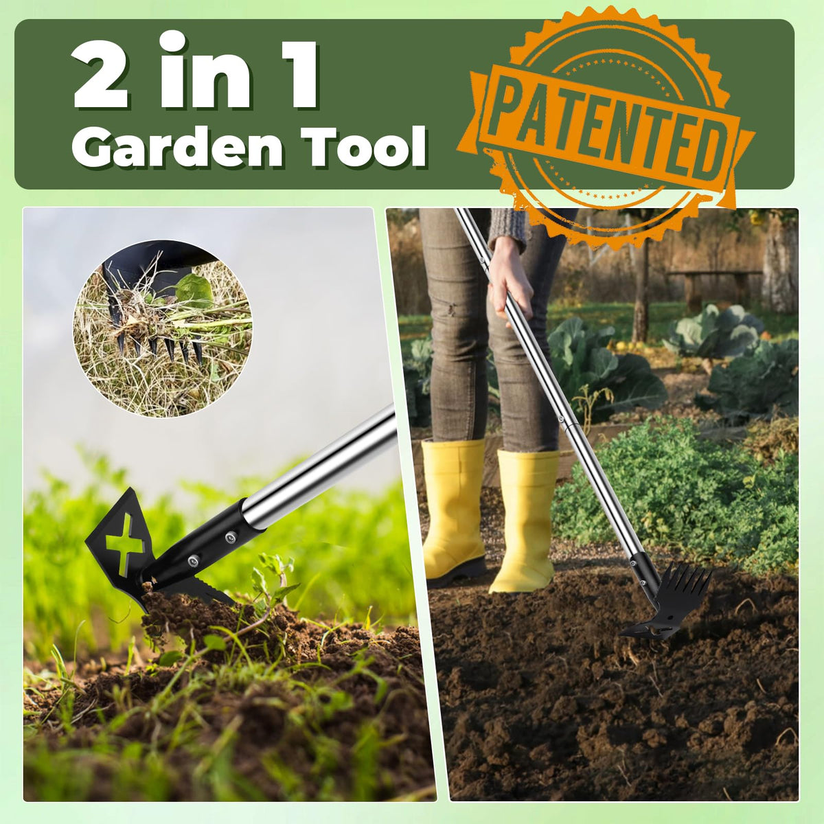 NICOFPHY 2-in-1 weed rake and hoe in action for fast weed removal