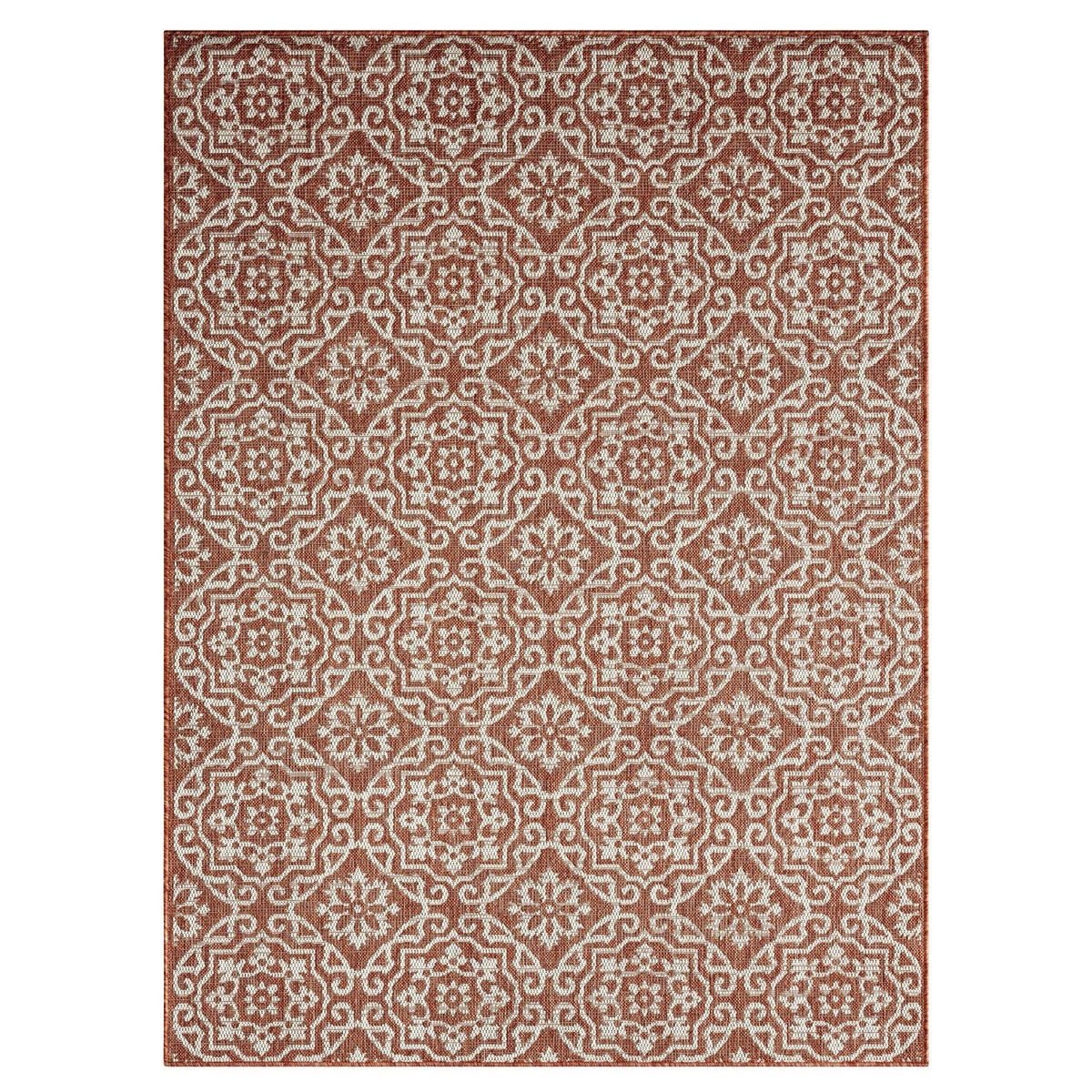 Danica rug displaying a geometric medallion for outdoor appeal.
