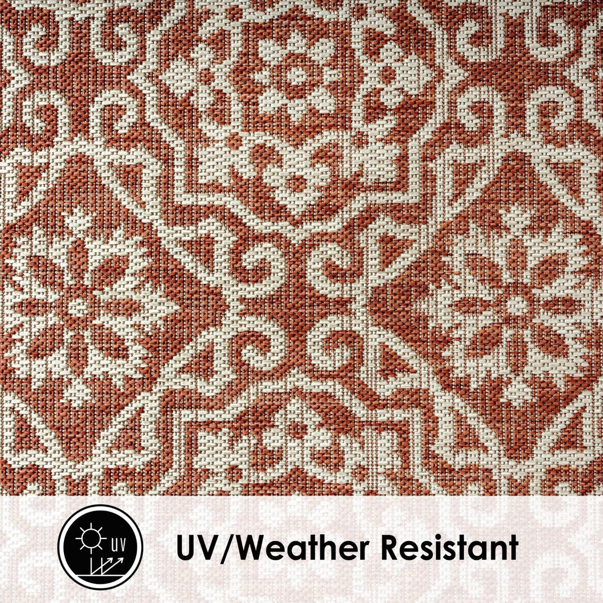 Textured polypropylene weave on Danica rug provides comfortable underfoot indoors and outdoors.