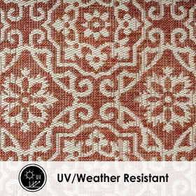Textured polypropylene weave on Danica rug provides comfortable underfoot indoors and outdoors.