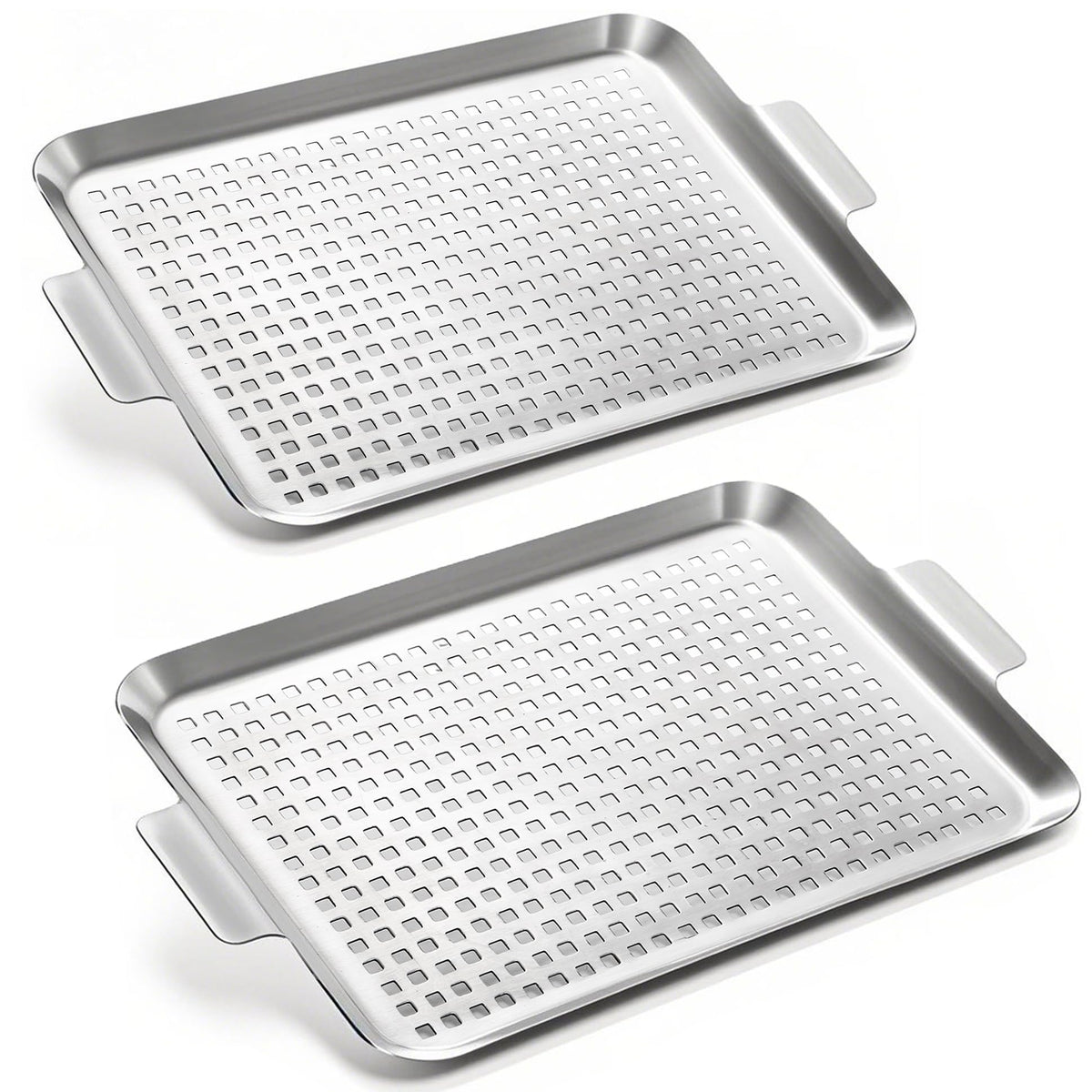 Nicunom grill topper 2-pack; perforated basket ideal for grilling large portions evenly.