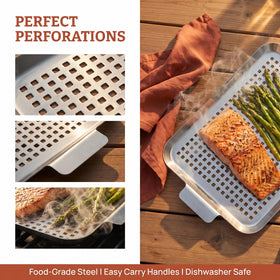 Nicunom non-stick surface grill topper; easy release and quick cleanup after grilling.