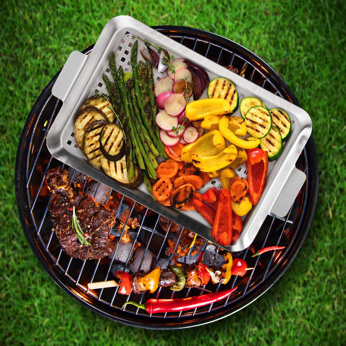 Nicunom wide-compatibility grill topper; ideal for gas, charcoal, and camping grills.