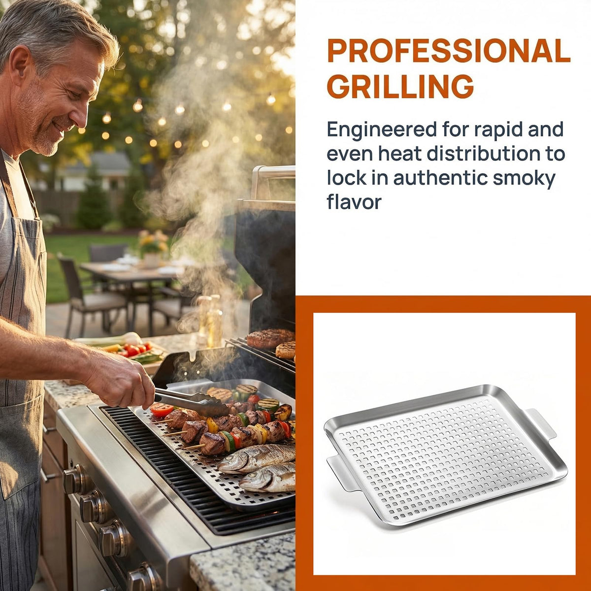 Nicunom grill topper with wide handles; easy transport and safe handling on hot grills.