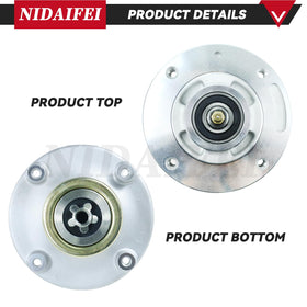 Deck installation scene shows spindle replacement on a lawn mower