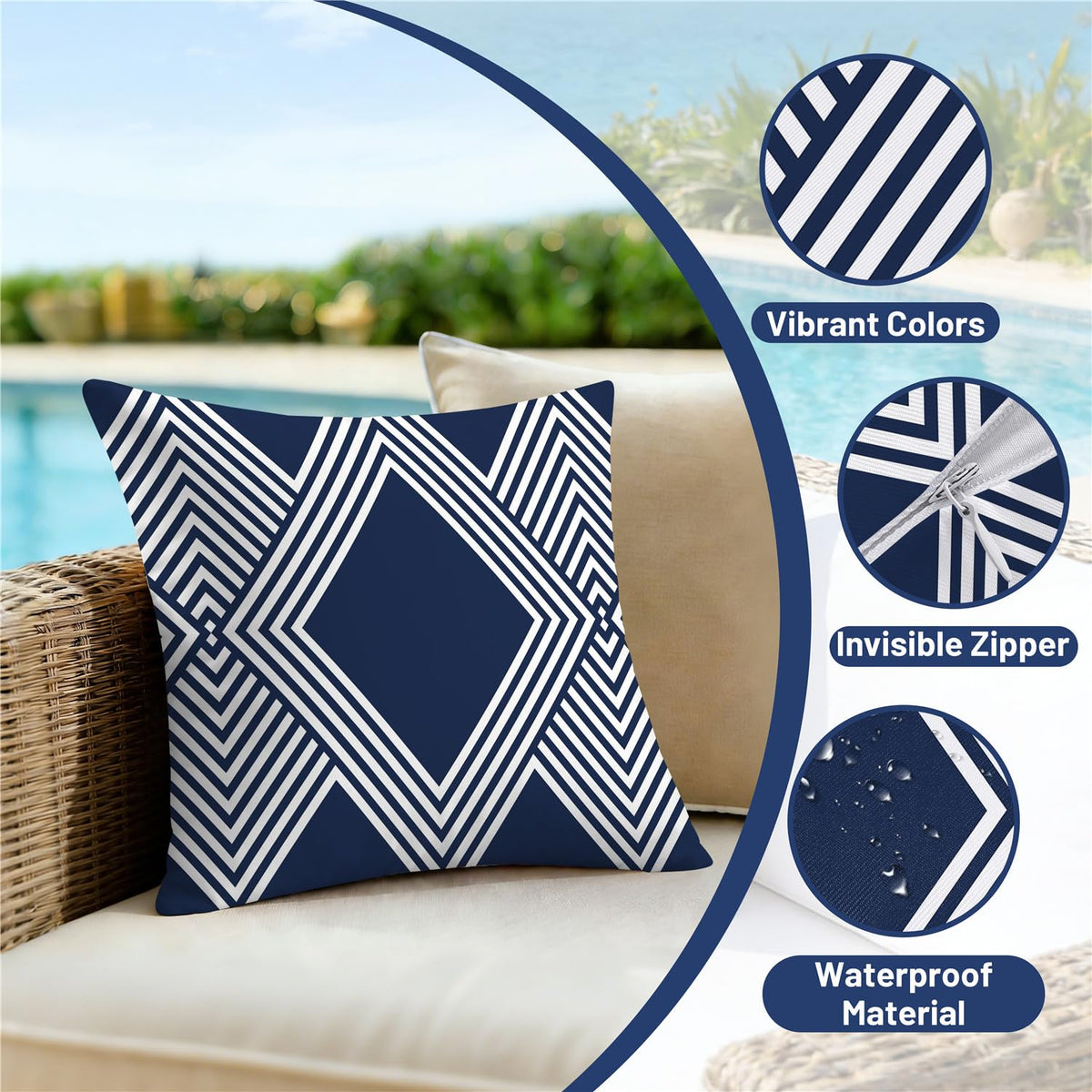NIGHTWISH navy and white cushions arranged on a patio setup.